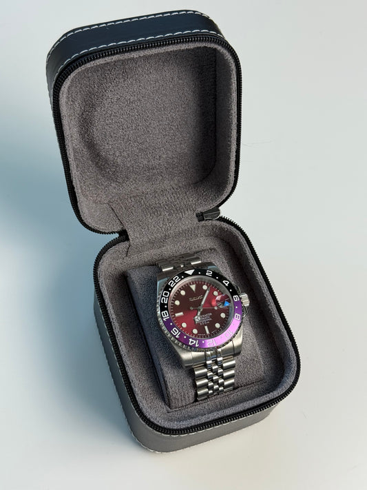 Boîte de voyage rigide pour montre – Cuir noir et intérieur velours (1 montre)