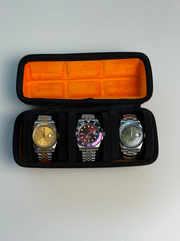Hard travel case for 3 watches – Black case with orange velvet interior