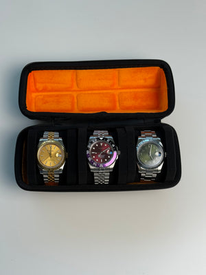 Boîte de voyage rigide pour 3 montres – Étui noir avec intérieur velours orange